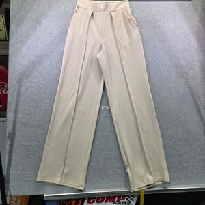 Unbranded Womens High Waisted Wide Leg Pleated Trousers Beige Cream Pants Small